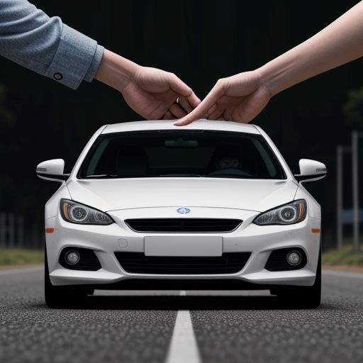 Image of a car with a large donation bow on top, driving towards a hand reaching down to receive it